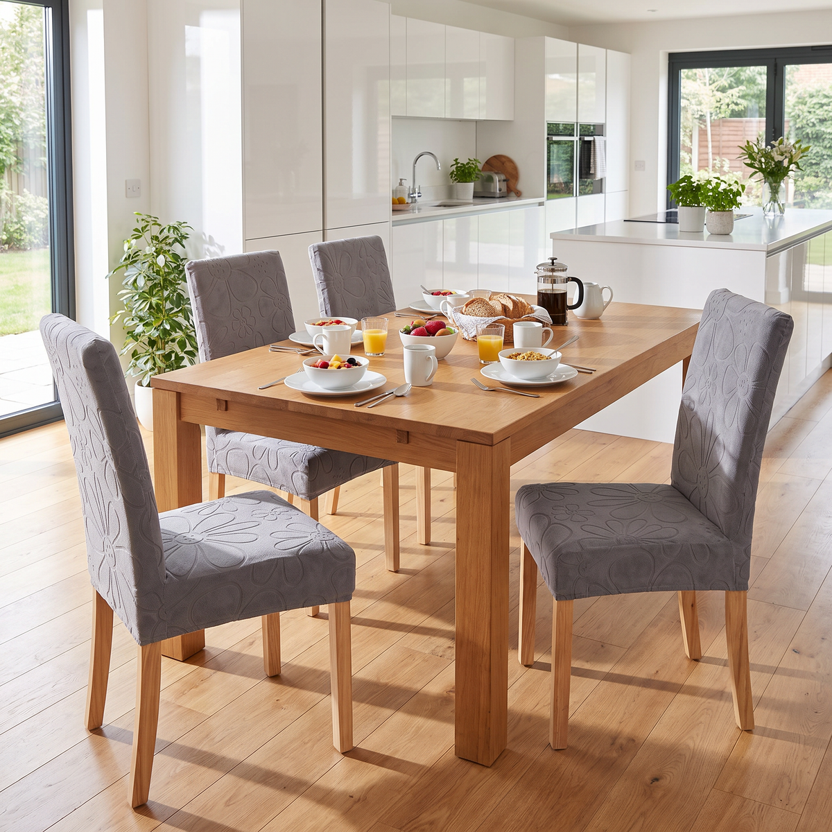 Embossed Daisy Stretch Dining Chair Cover in a living space