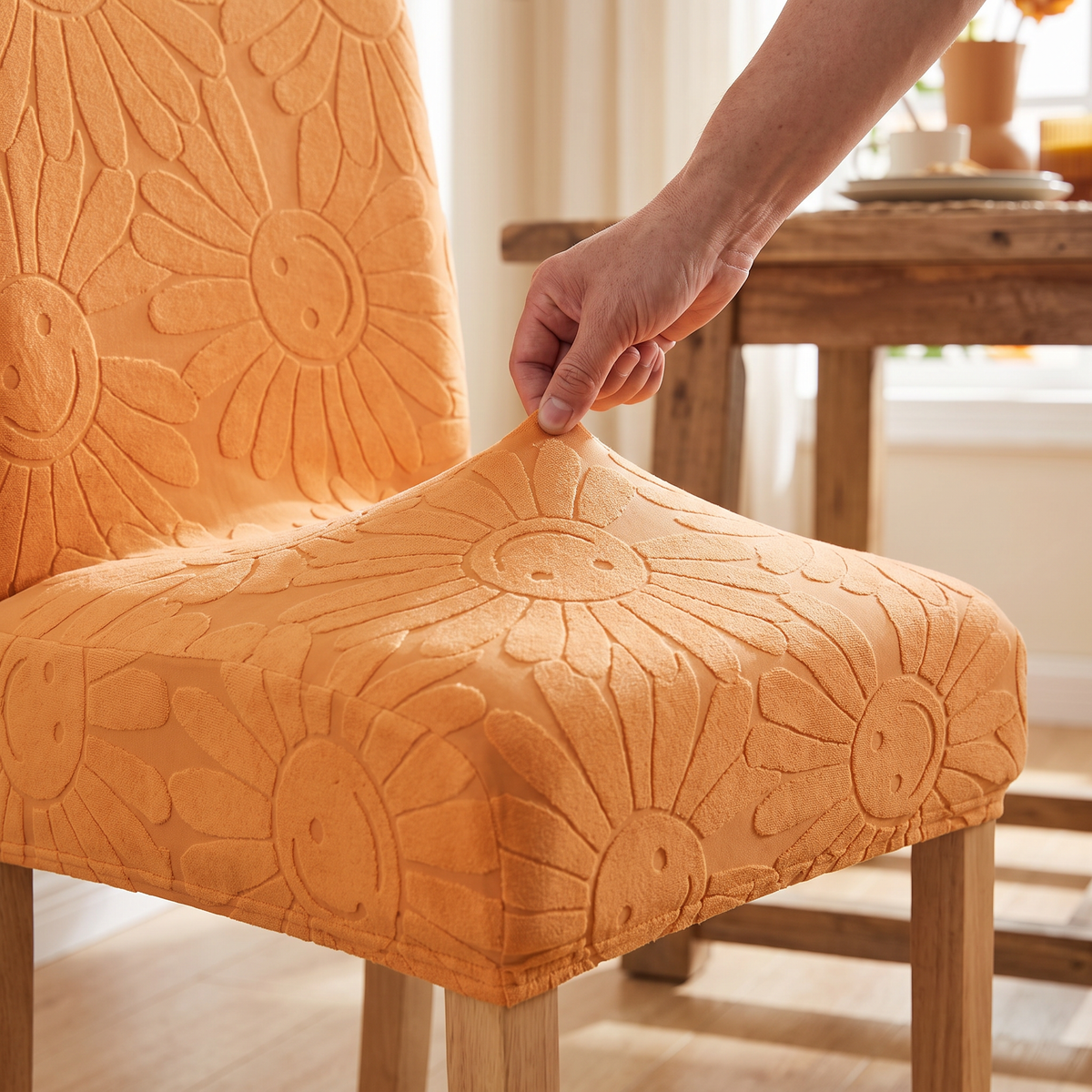 Embossed Flower Stretch Dining Chair Cover fabric detail