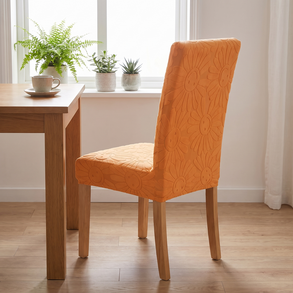 Embossed Flower Stretch Dining Chair Cover evening setting
