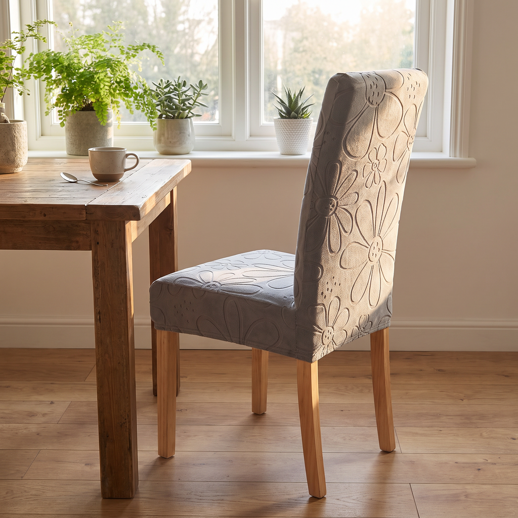 Embossed Daisy Stretch Dining Chair Cover evening setting