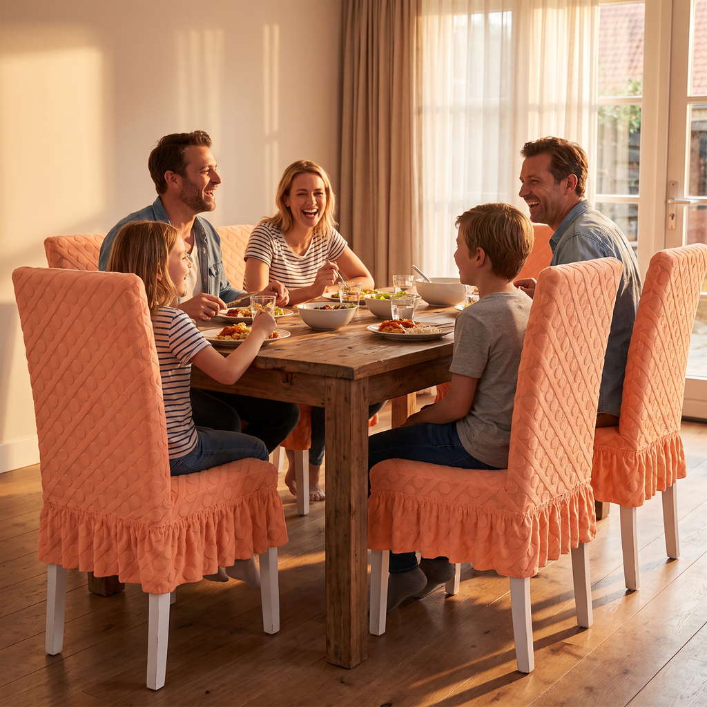 Oval Knit Dining Chair Cover - Ruffled or Plain in use