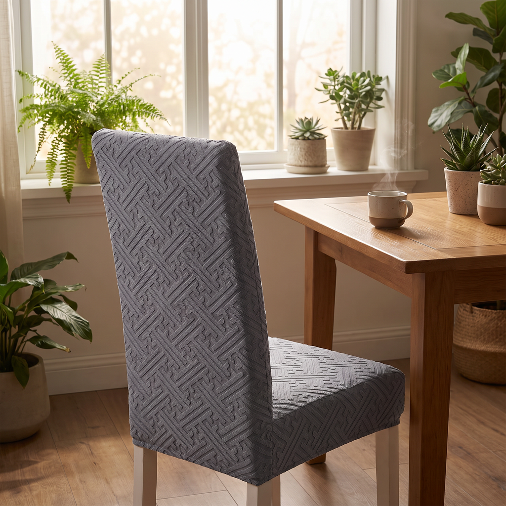 Lattice Jacquard Stretch Dining Chair Cover evening setting