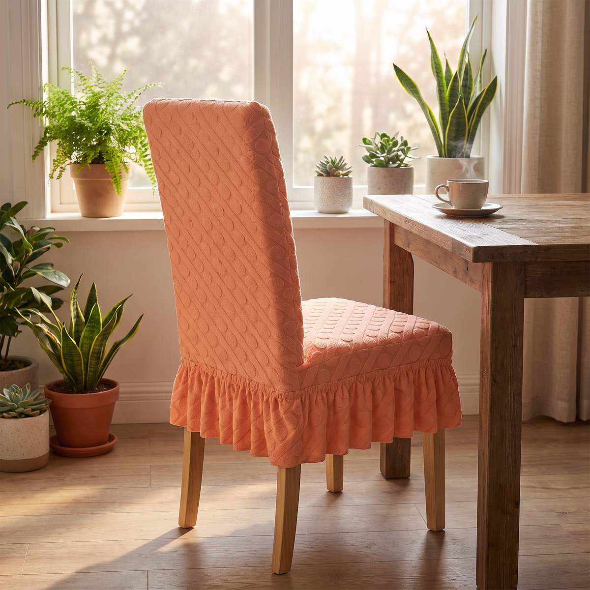 Oval Knit Dining Chair Cover - Ruffled or Plain evening setting