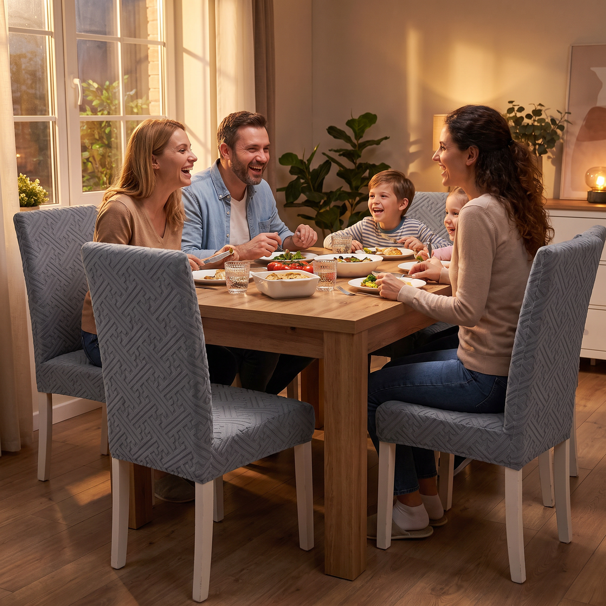 Lattice Jacquard Stretch Dining Chair Cover in use