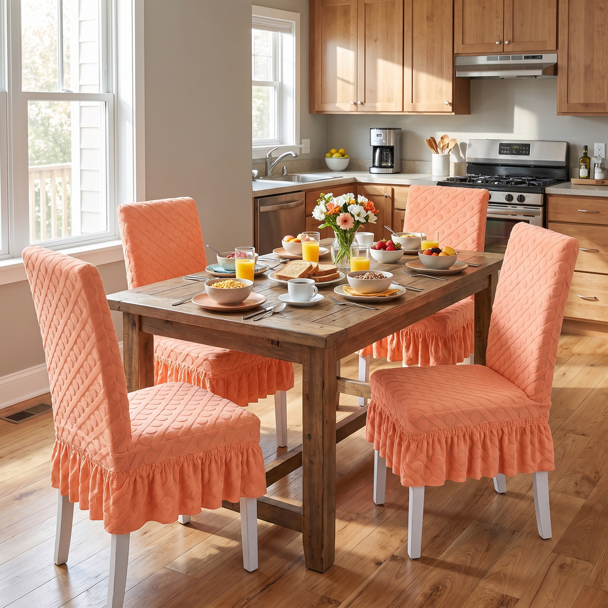 Oval Knit Dining Chair Cover - Ruffled or Plain in a living space
