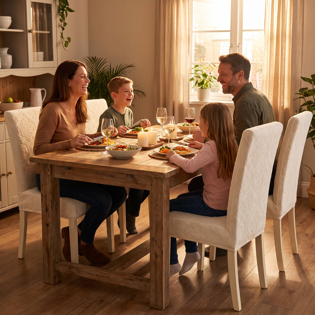 Damask Jacquard Dining Chair Slipcover in use