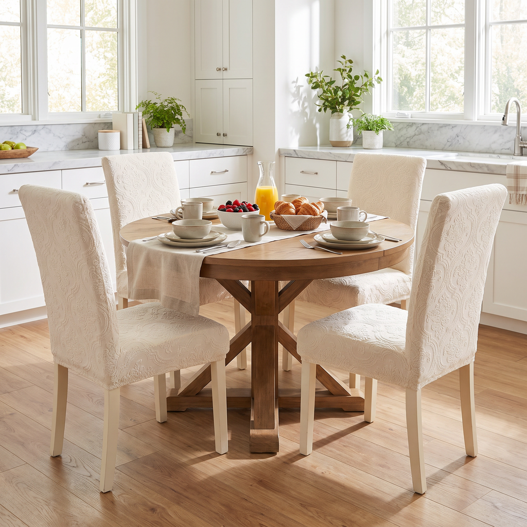 Damask Jacquard Dining Chair Slipcover in a living space