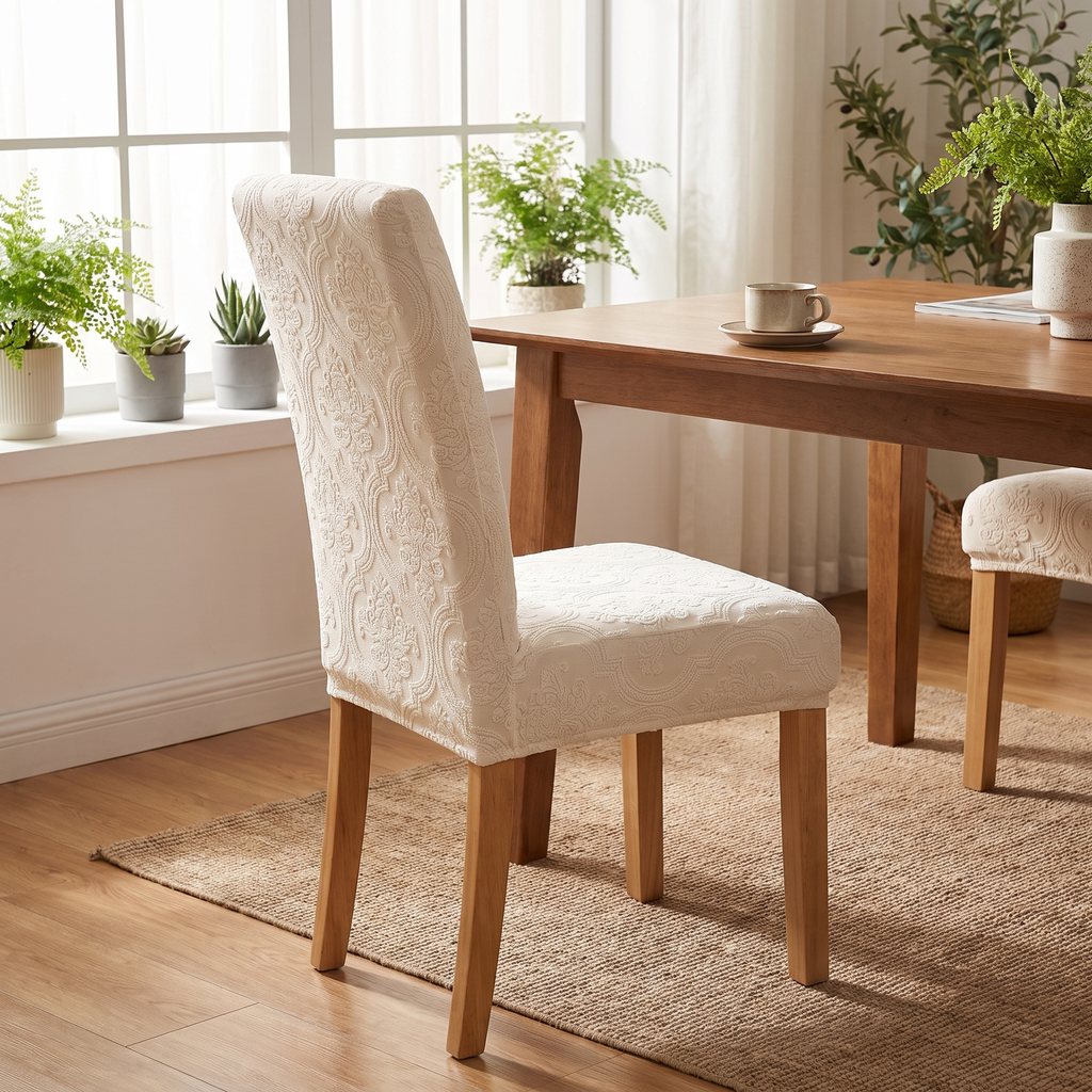 Damask Jacquard Dining Chair Slipcover evening setting