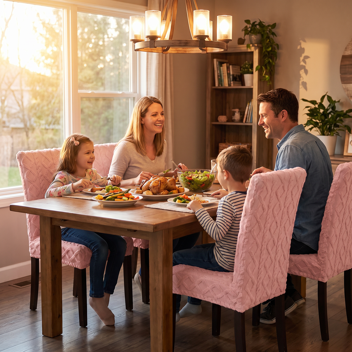 Cable Jacquard Stretch Dining Chair Cover in use