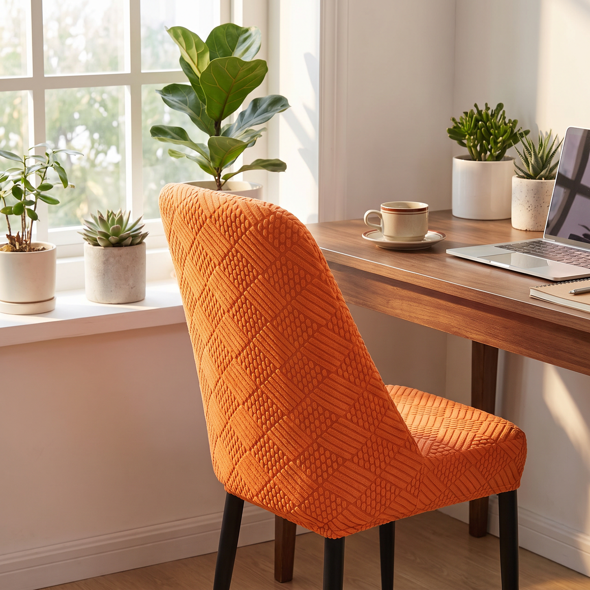 Curved-Back Knit Stretch Chair Cover evening setting