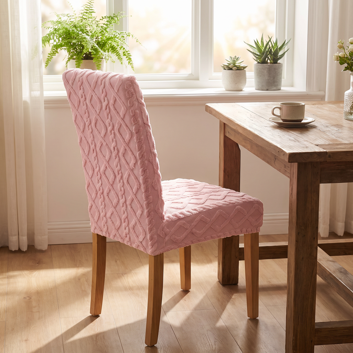 Cable Jacquard Stretch Dining Chair Cover evening setting