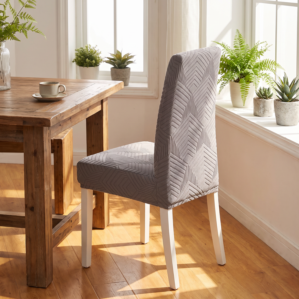 Textured Jacquard Dining Chair Cover evening setting