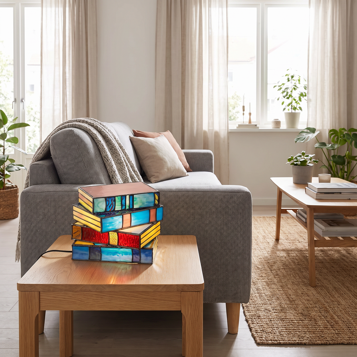 Stained Glass Stacked Books Table Lamp - styled