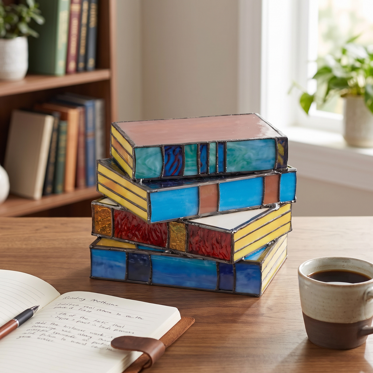 Stained Glass Stacked Books Table Lamp - styled