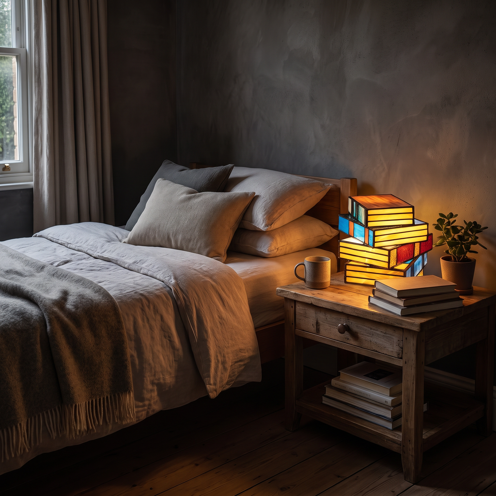 Stained Glass Stacked Books Table Lamp - styled