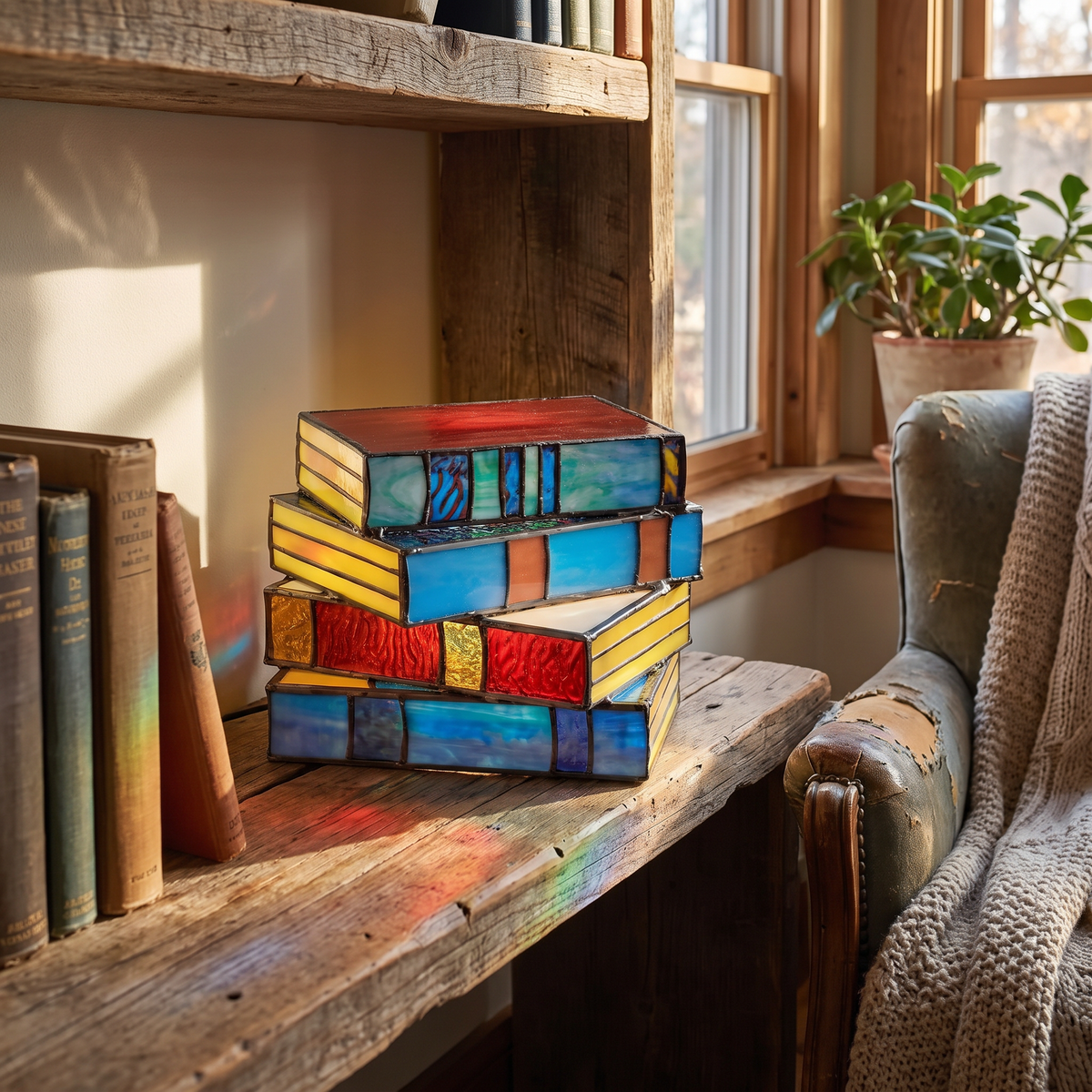 Stained Glass Stacked Books Table Lamp - styled