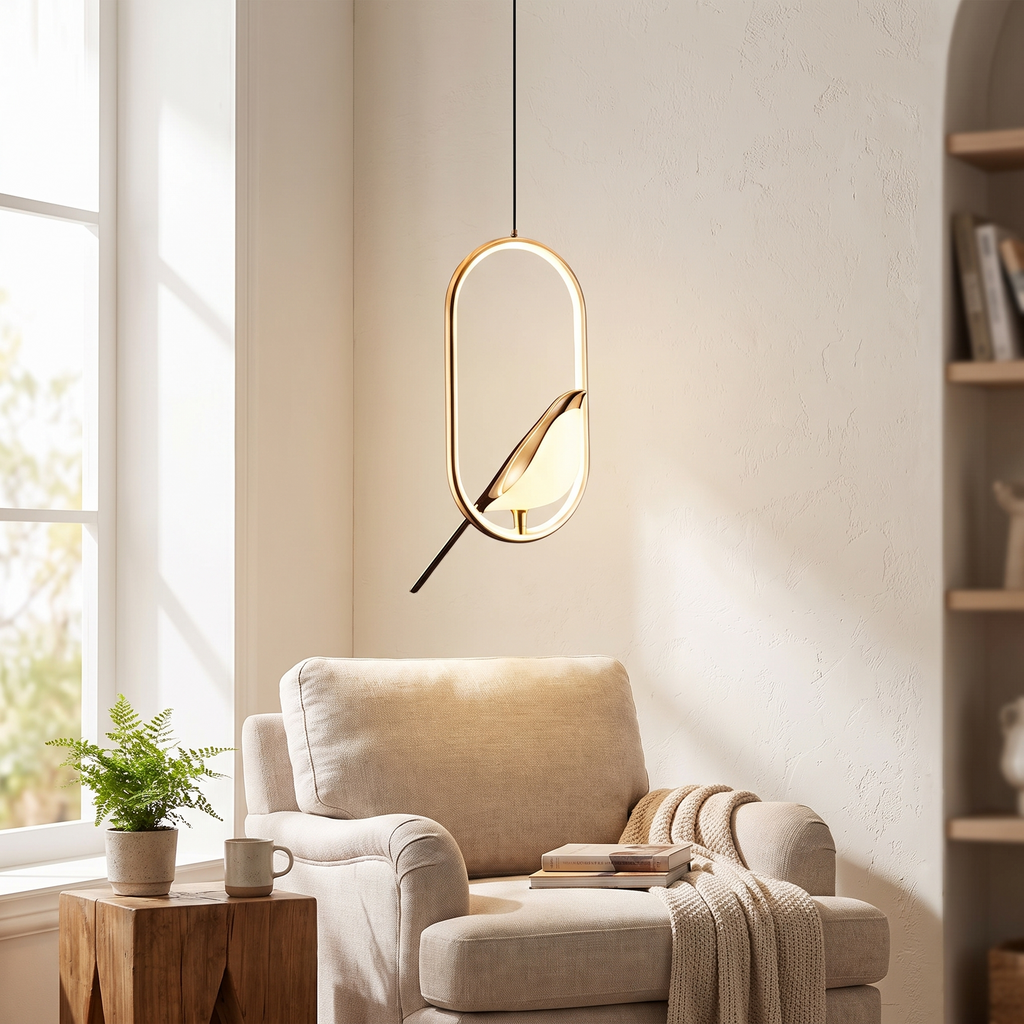 Gold Ring Bird LED Pendant Light - styled