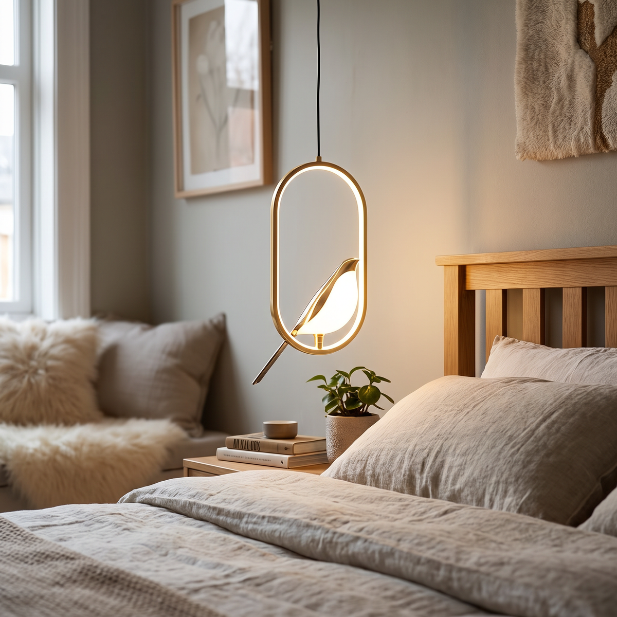 Gold Ring Bird LED Pendant Light - styled