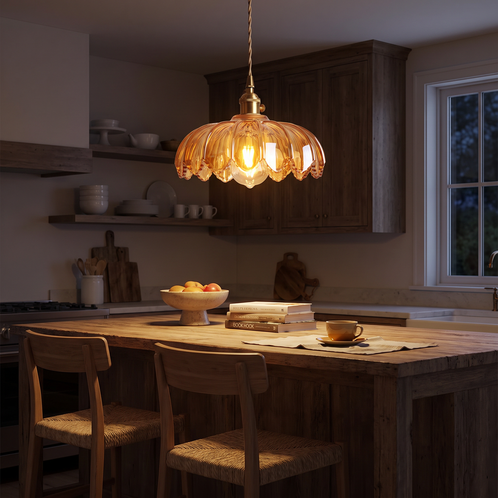 Scalloped Glass Flower Pendant Light - styled