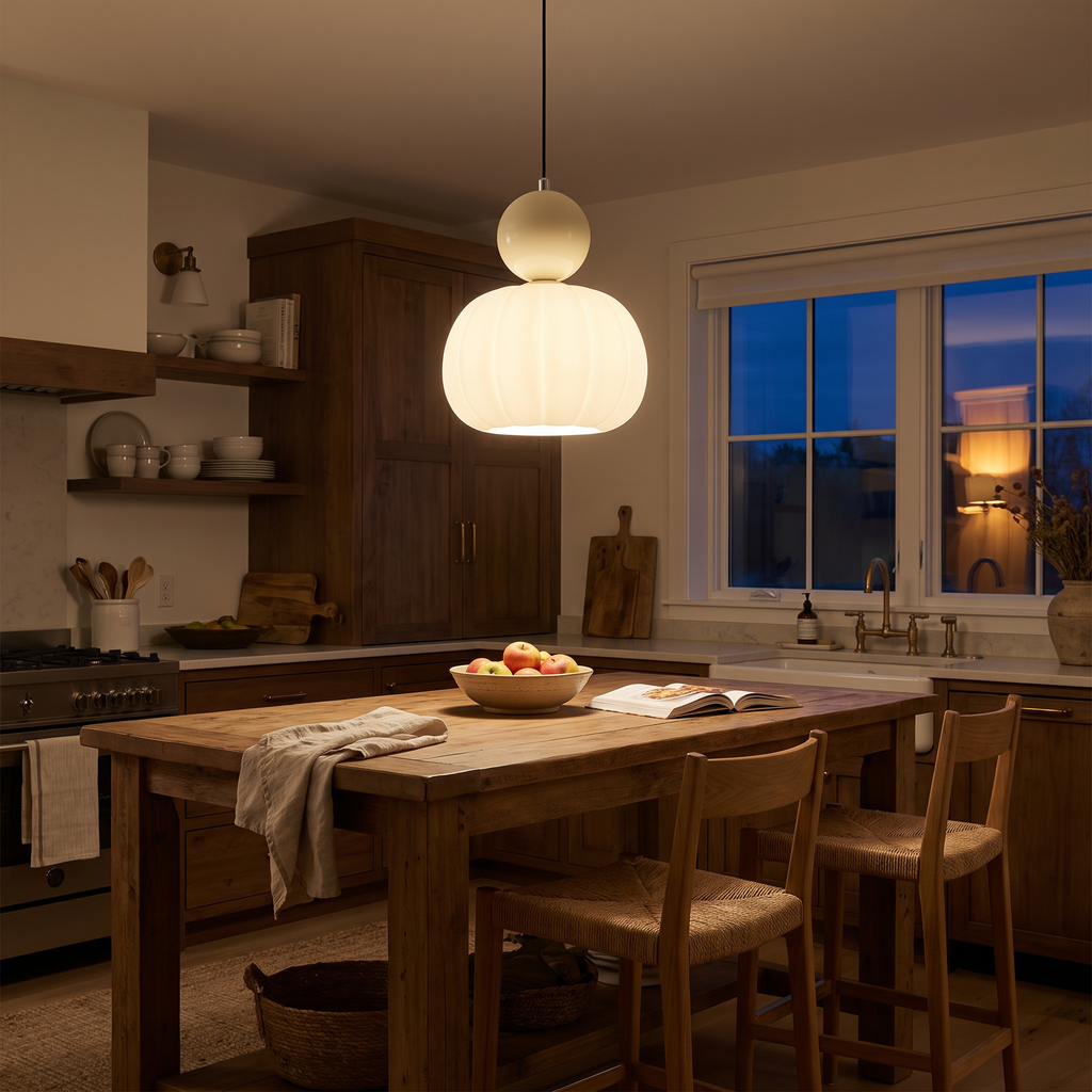 Ribbed Glass Pumpkin Pendant Light - styled