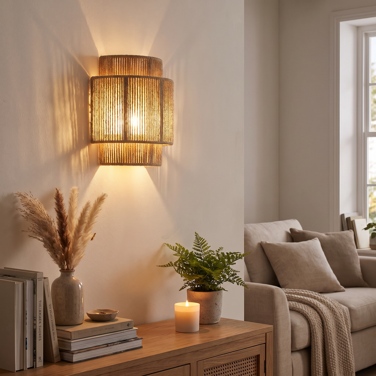 Handwoven Rattan Rope Wall Lamp - styled