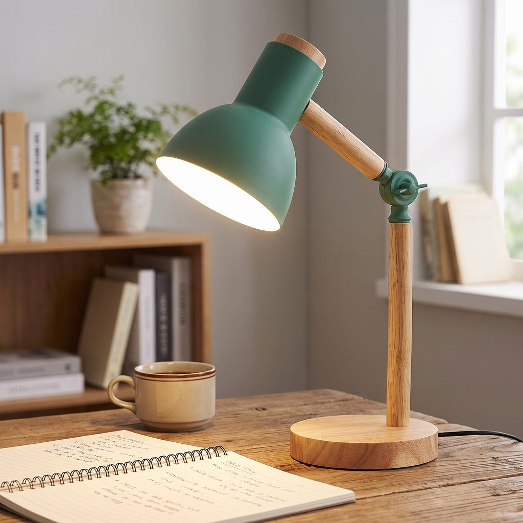 Wooden Swing-Arm Cone Desk Lamp - styled