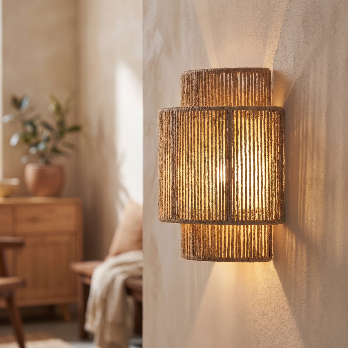 Handwoven Rattan Rope Wall Lamp - styled