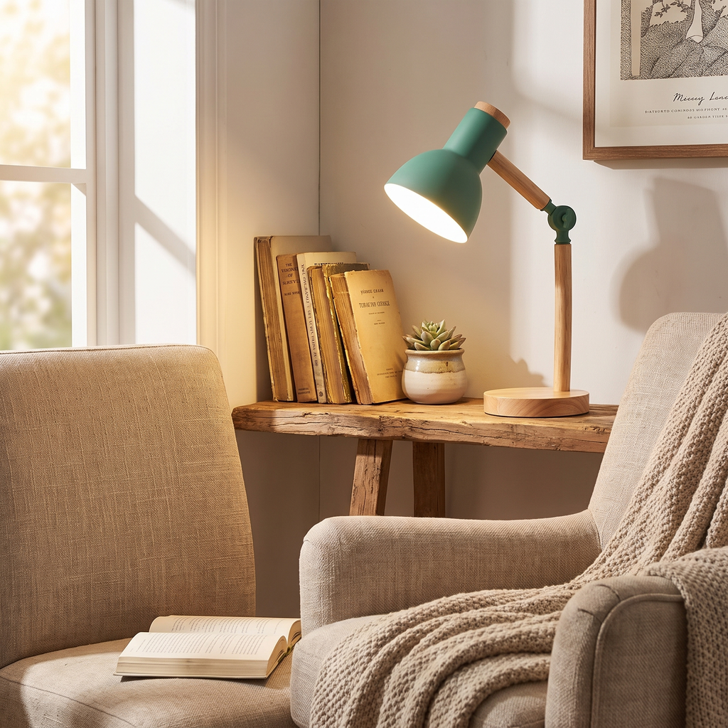 Wooden Swing-Arm Cone Desk Lamp - styled