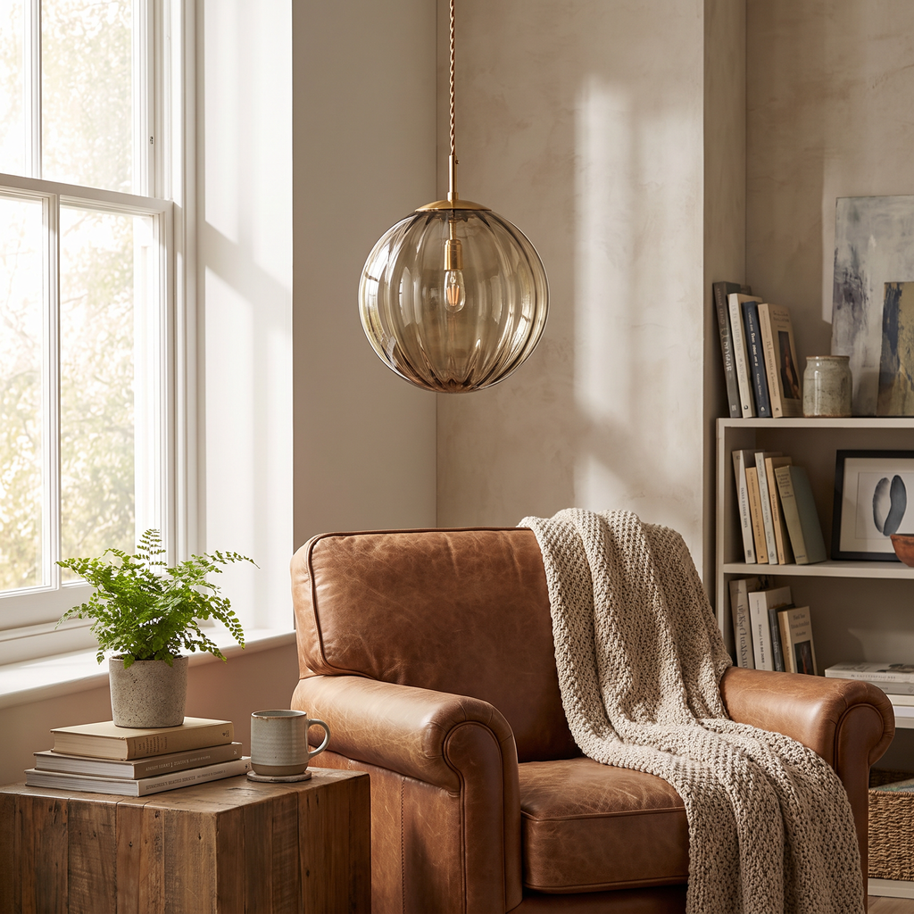 Ribbed Glass Globe Pendant Light - styled