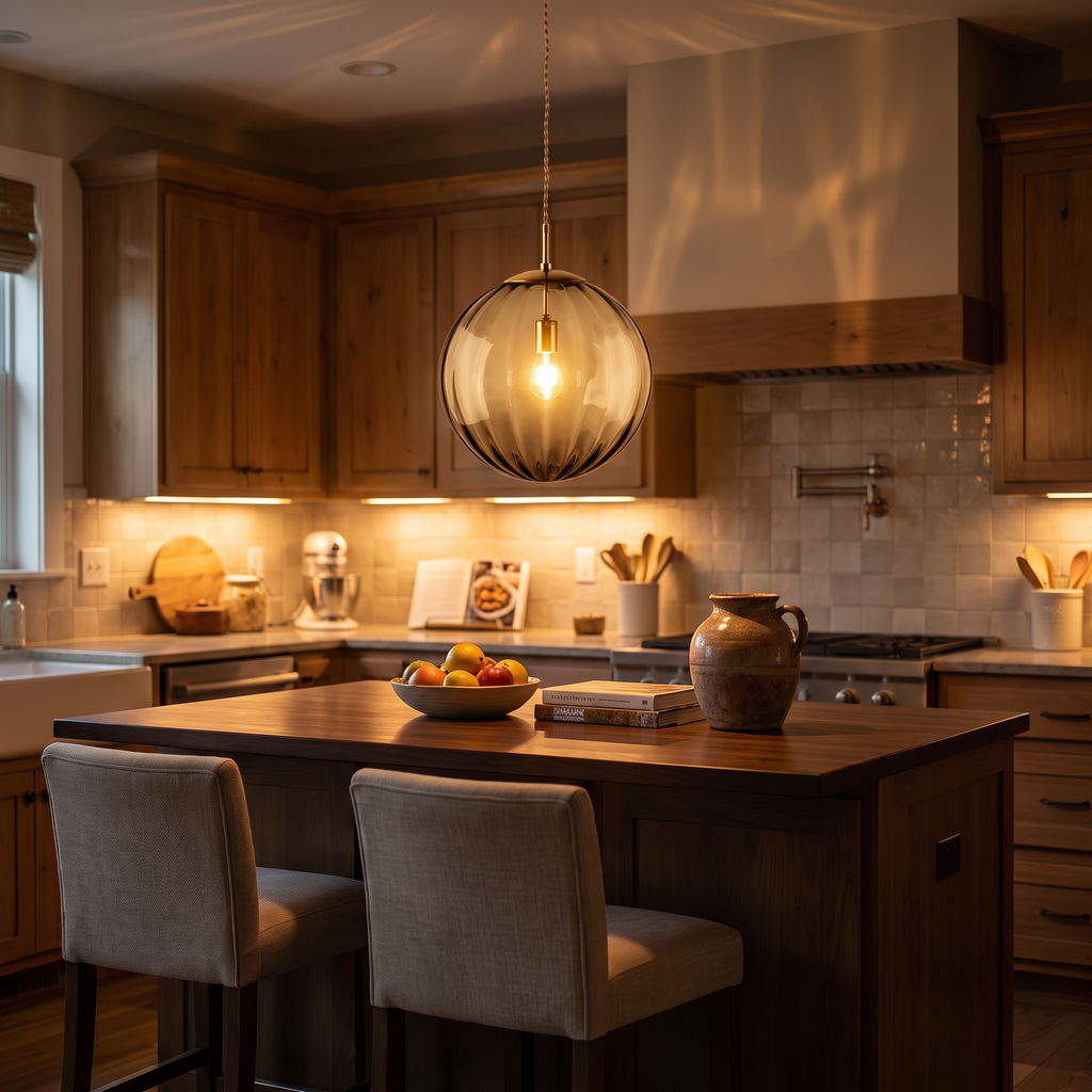 Ribbed Glass Globe Pendant Light - styled
