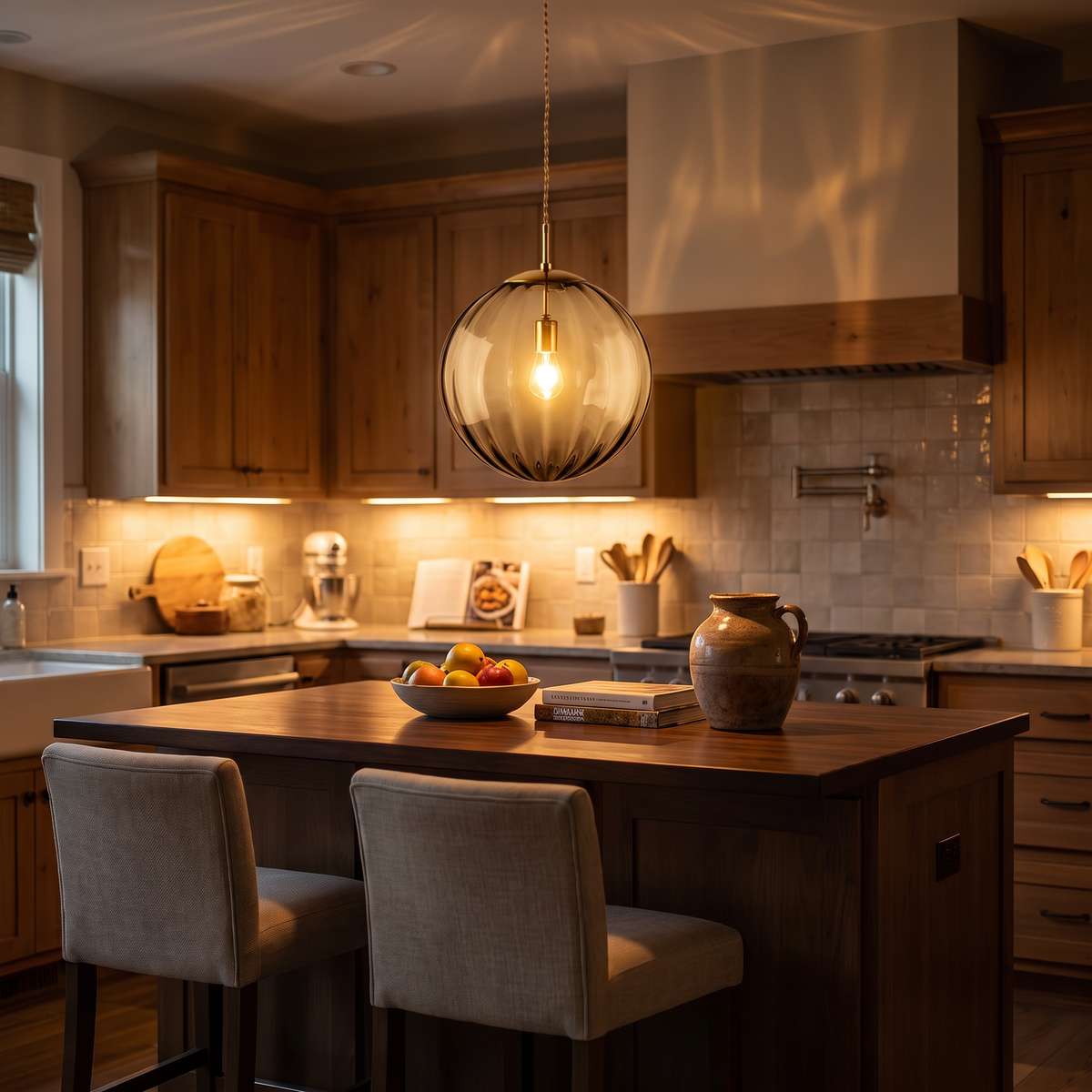 Ribbed Glass Globe Pendant Light - styled
