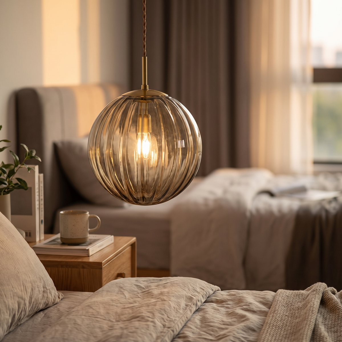 Ribbed Glass Globe Pendant Light - styled