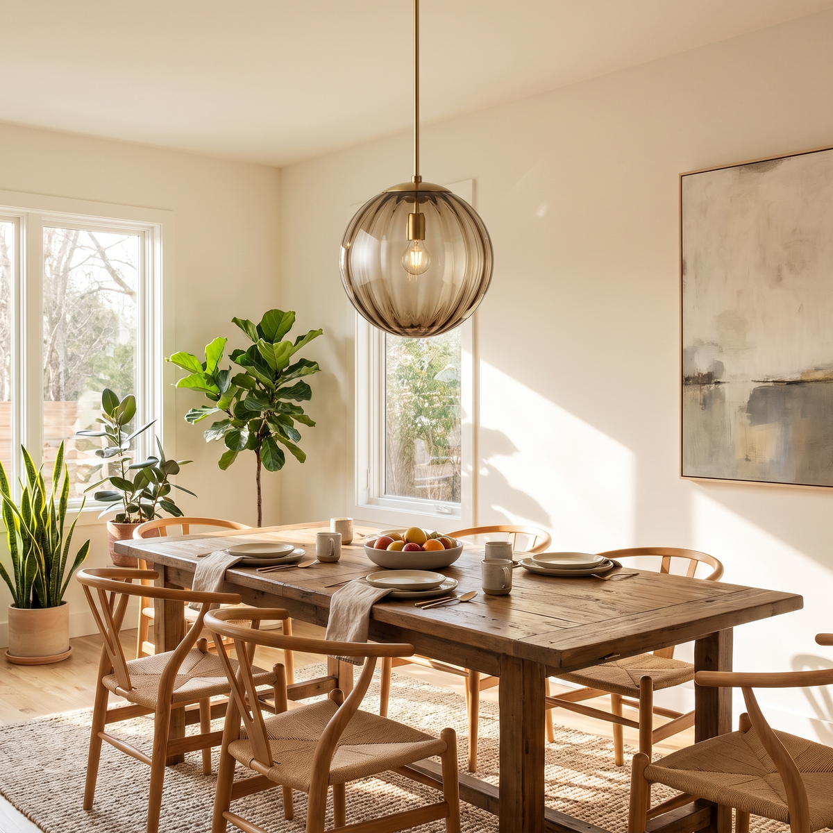Ribbed Glass Globe Pendant Light - styled