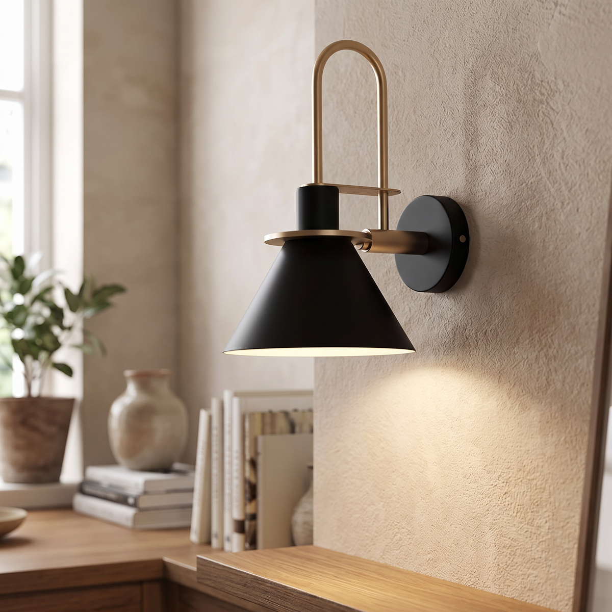 Arc Arm Cone Shade Wall Lamp - styled