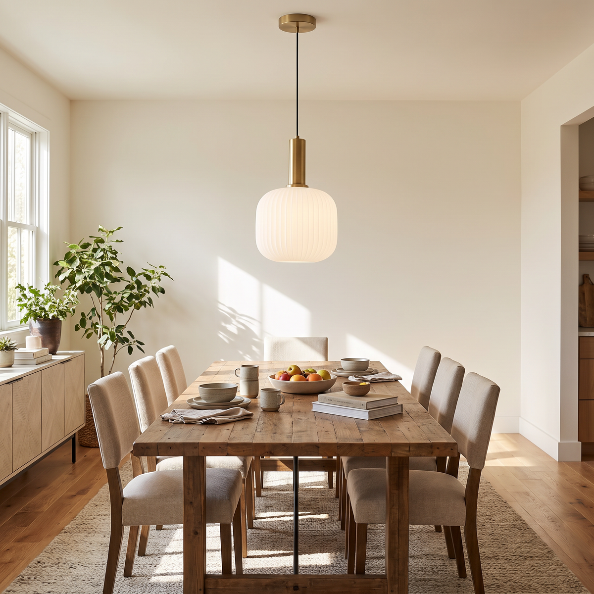 Ribbed Glass Cylinder Brass Pendant Light - styled