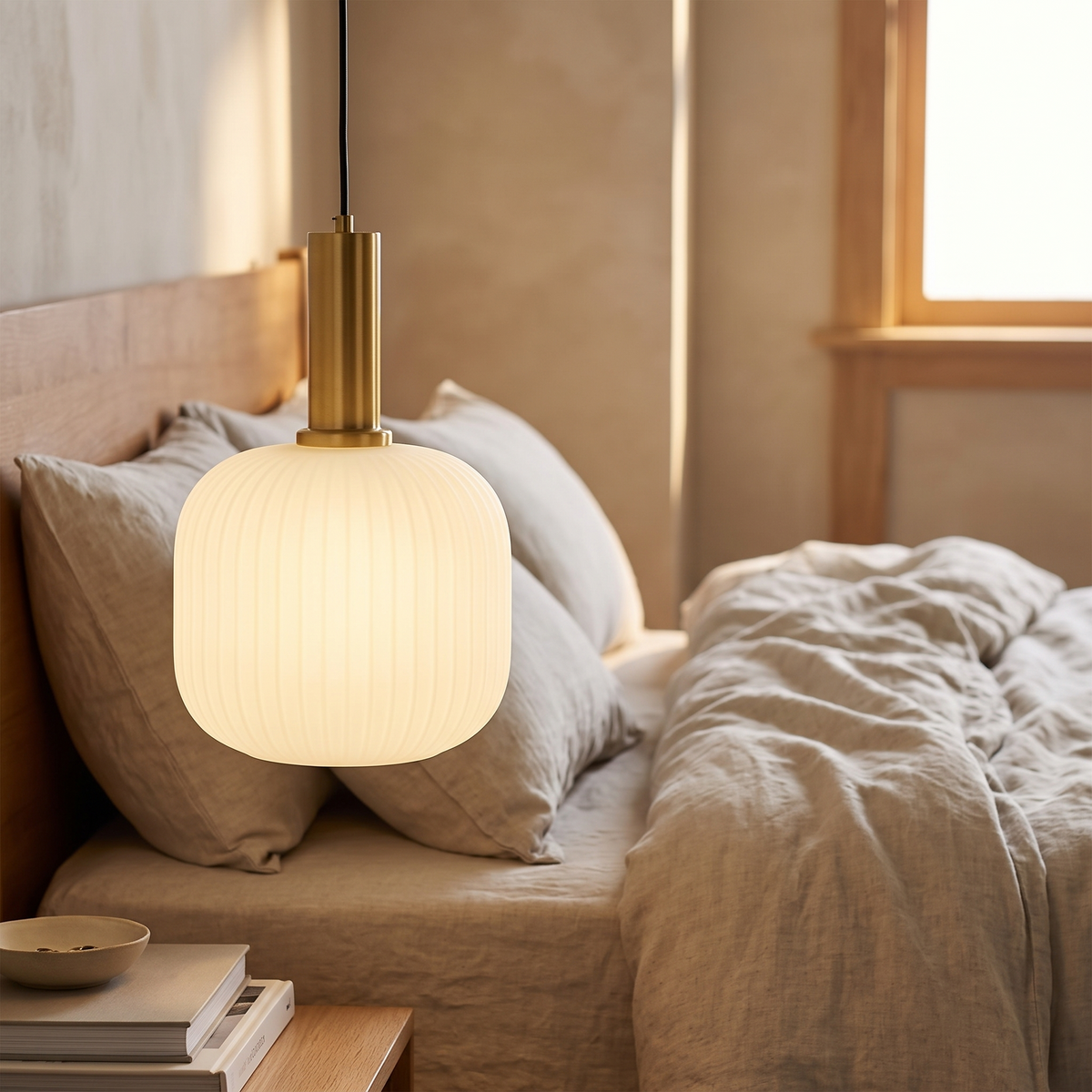 Ribbed Glass Cylinder Brass Pendant Light - styled