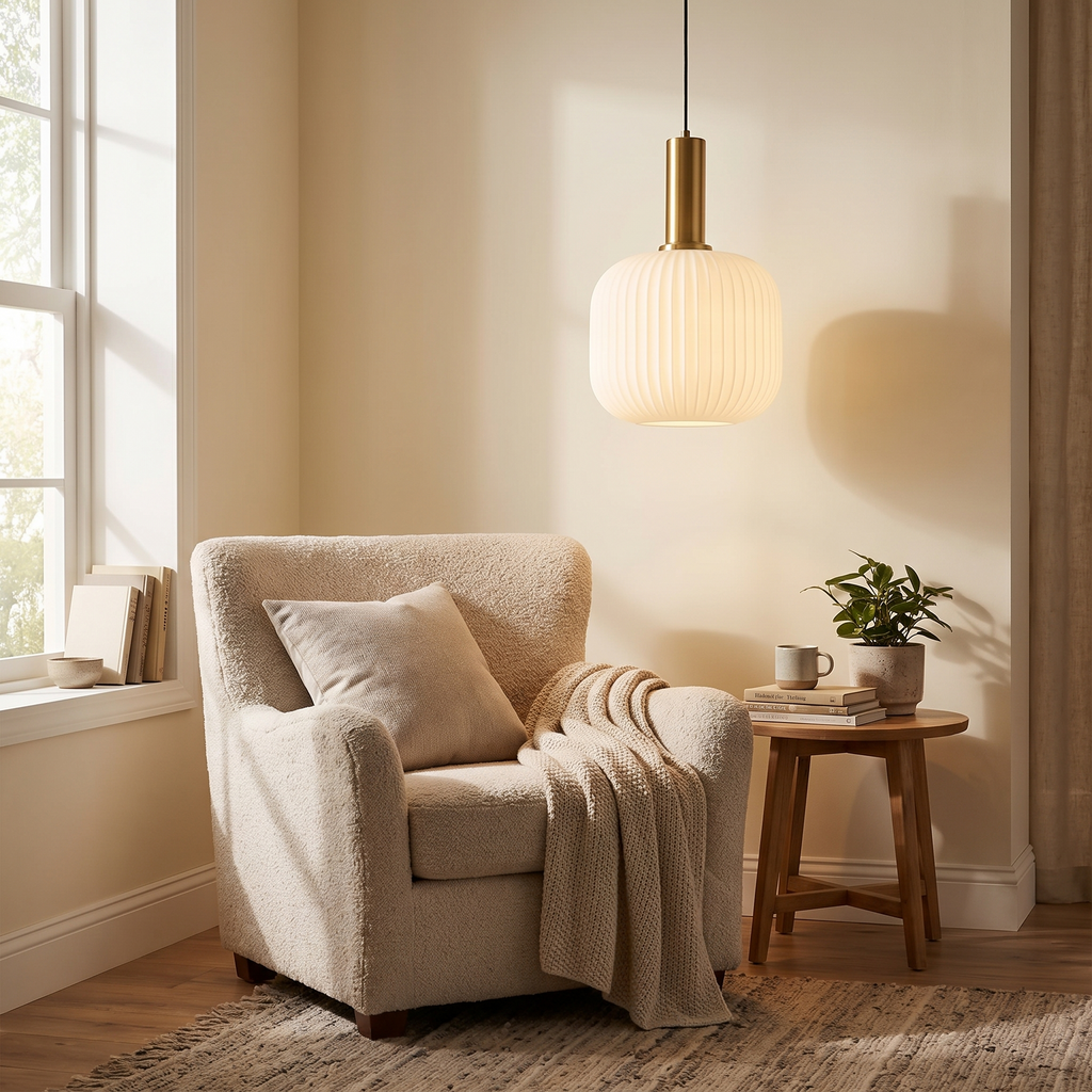 Ribbed Glass Cylinder Brass Pendant Light - styled