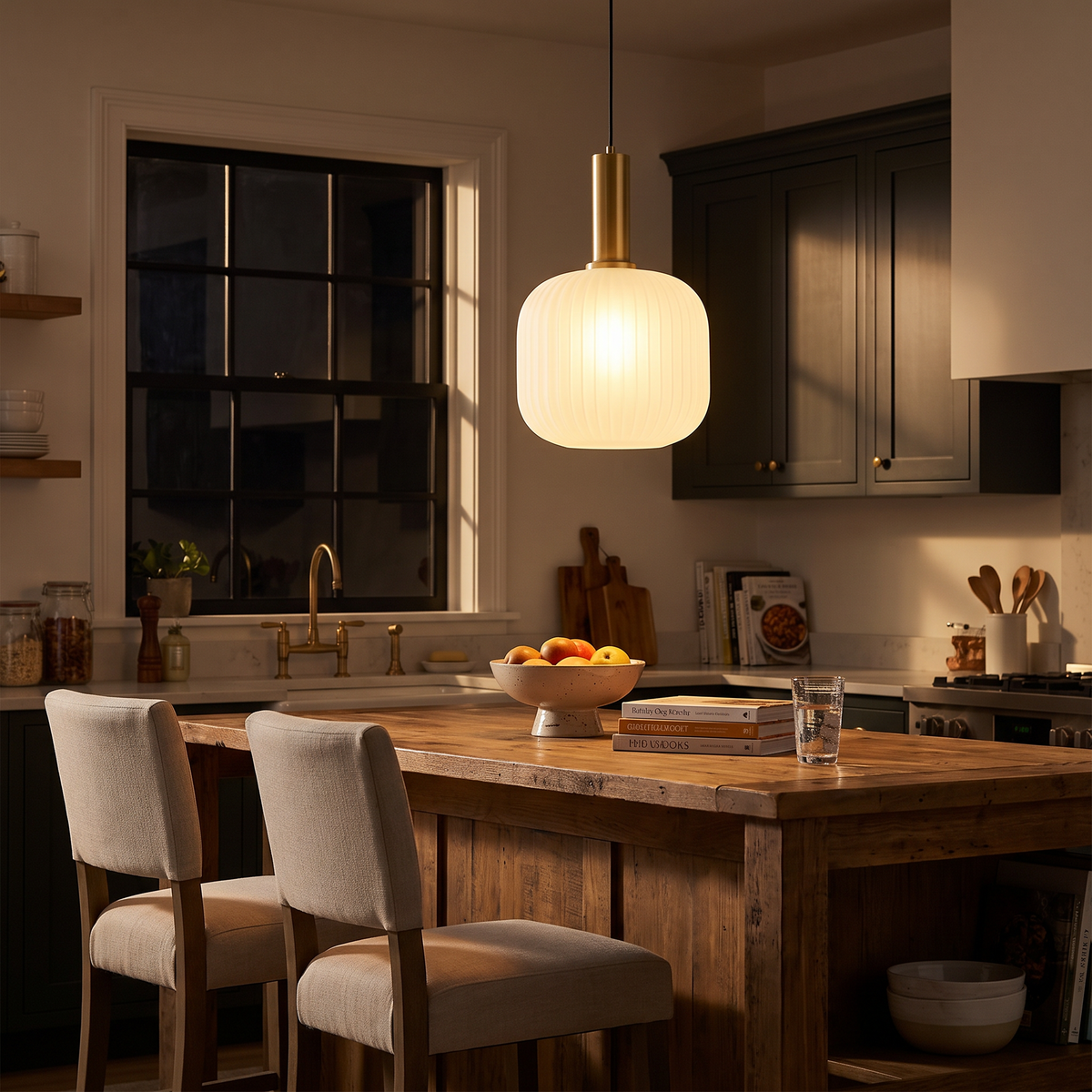 Ribbed Glass Cylinder Brass Pendant Light - styled