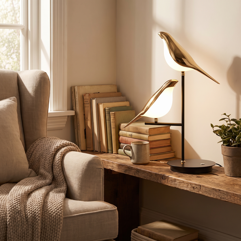 Twin Gold Bird LED Table Lamp - styled