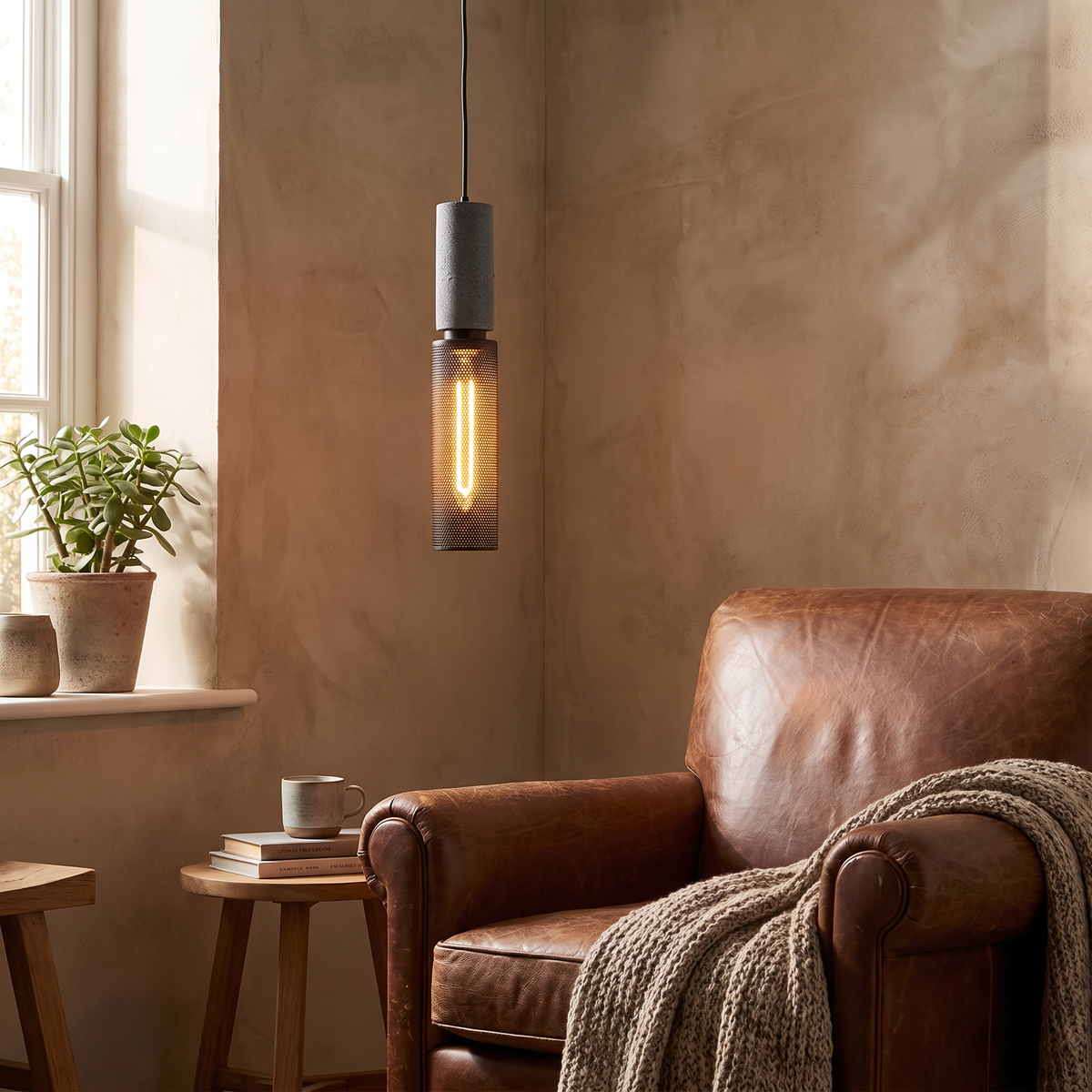 Concrete Cylinder Pendant Light - styled