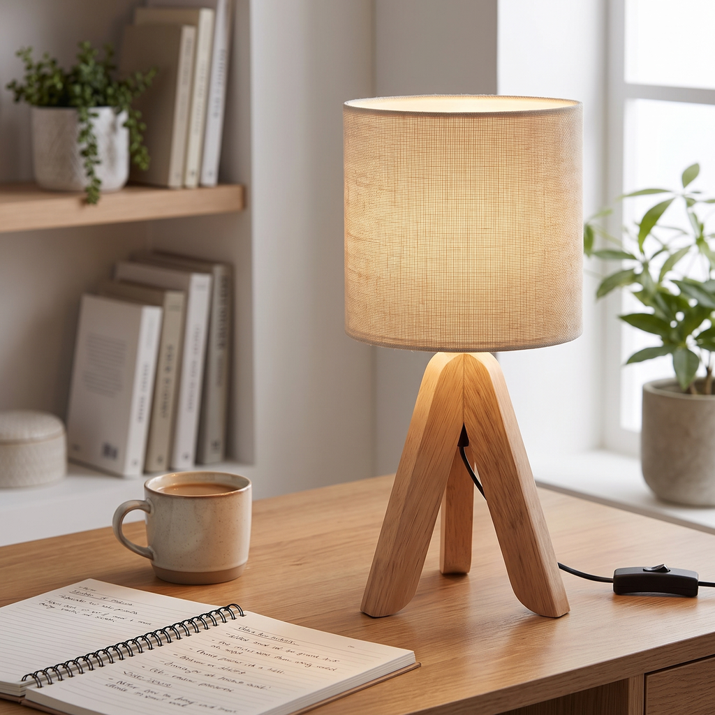 Wooden Tripod Fabric Shade Table Lamp - styled