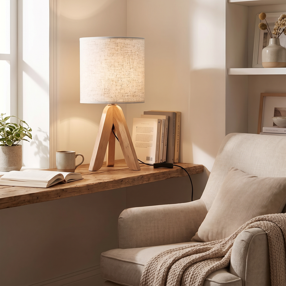 Wooden Tripod Fabric Shade Table Lamp - styled