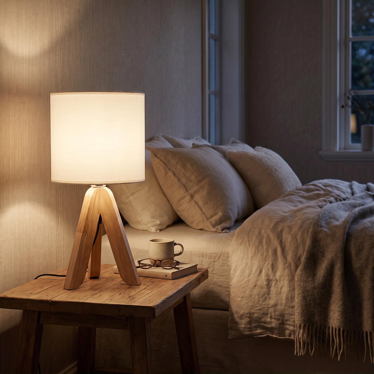 Wooden Tripod Fabric Shade Table Lamp - styled