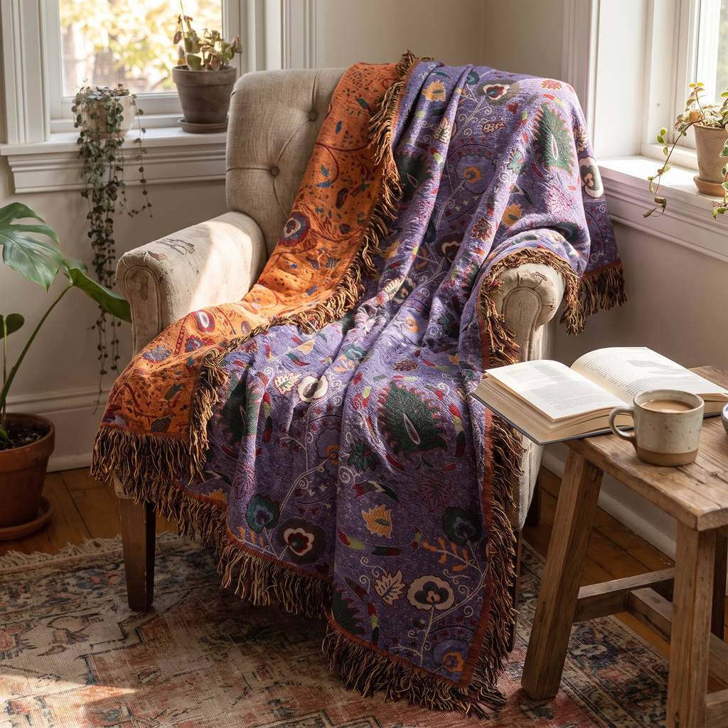 Peacock Feather Cotton Gauze Blanket with Fringe - lifestyle