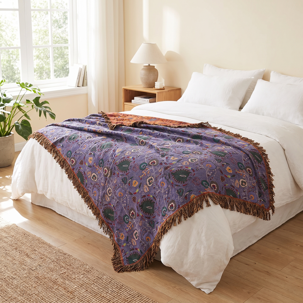 Peacock Feather Cotton Gauze Blanket with Fringe - lifestyle