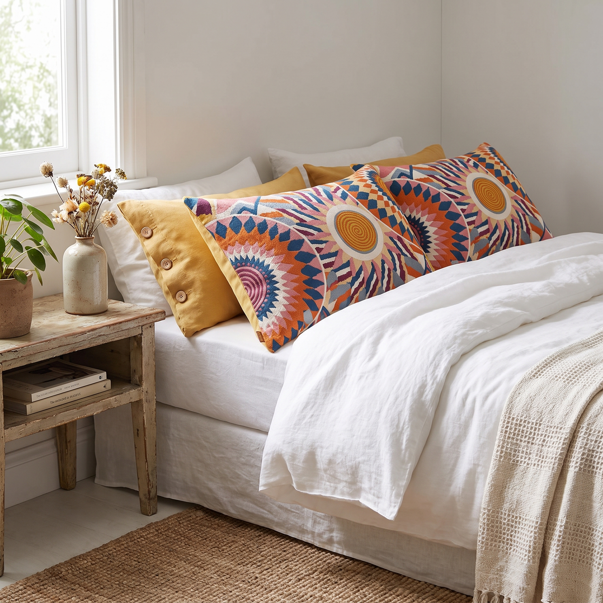 Retro Sunburst Button-Closure Cotton Pillowcases, Set of 2 - lifestyle