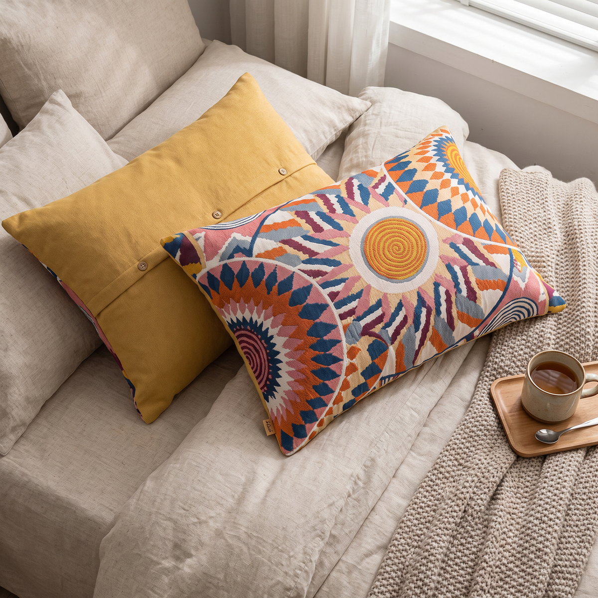 Retro Sunburst Button-Closure Cotton Pillowcases, Set of 2 - lifestyle