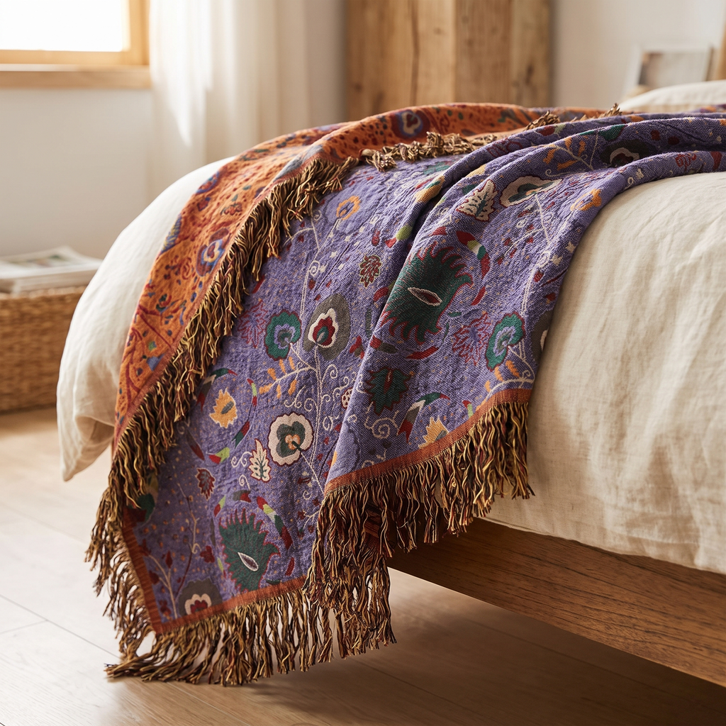 Peacock Feather Cotton Gauze Blanket with Fringe - lifestyle