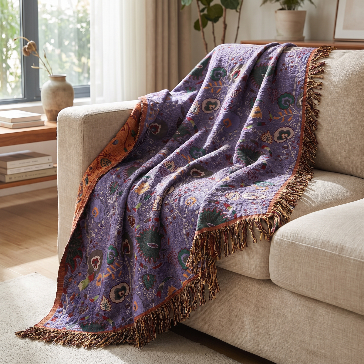 Peacock Feather Cotton Gauze Blanket with Fringe - lifestyle