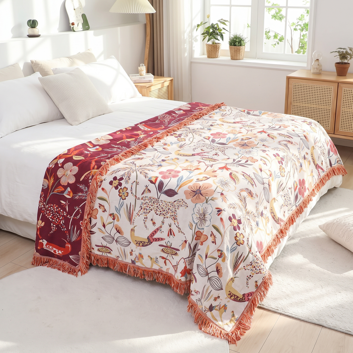 Jungle Floral & Leopard Reversible Cotton Blanket - lifestyle